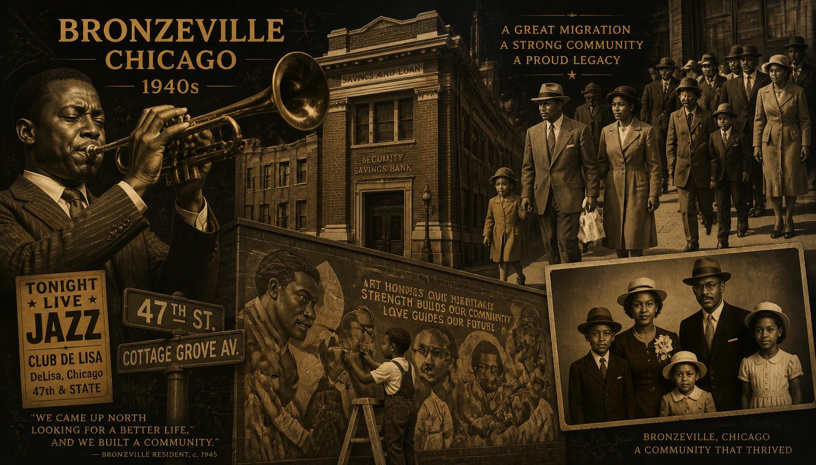 Sepia collage of historic Bronzeville: jazz musician, savings bank, Great Migration families, and community mural